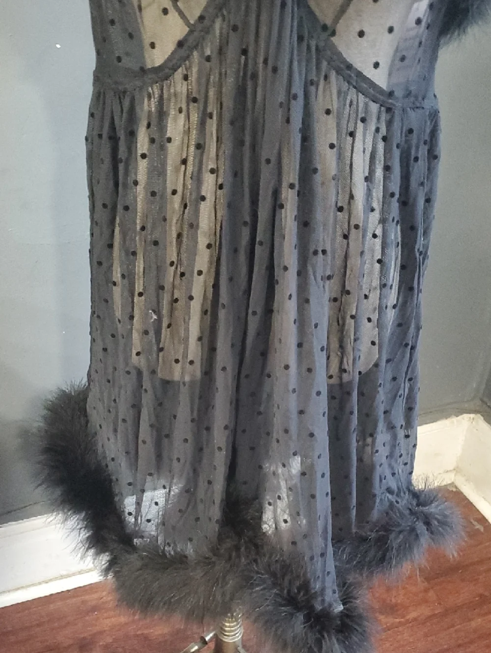 Nwt Savage X Fenty Black Sheer Polka Dot Marabou-Trim Chemise